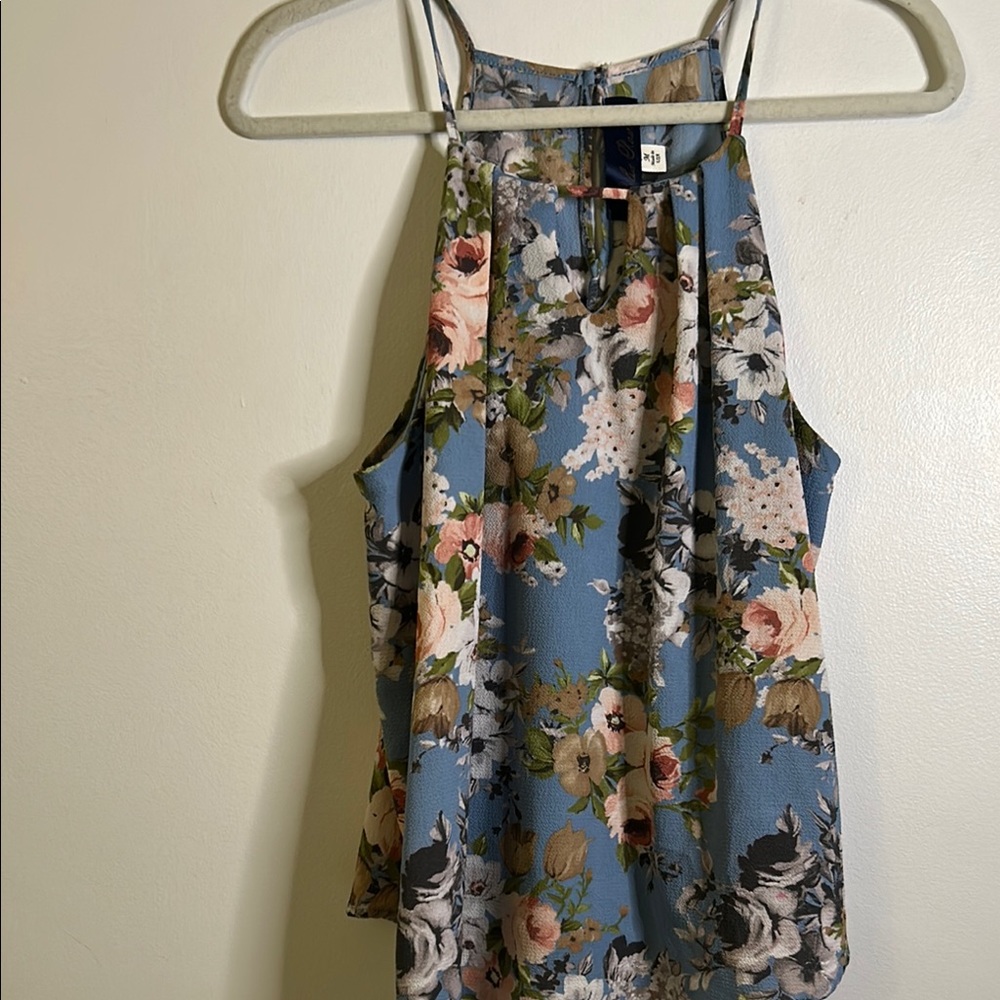 Blue Rain floral tank size medium halter blue lined pink peach white vacation